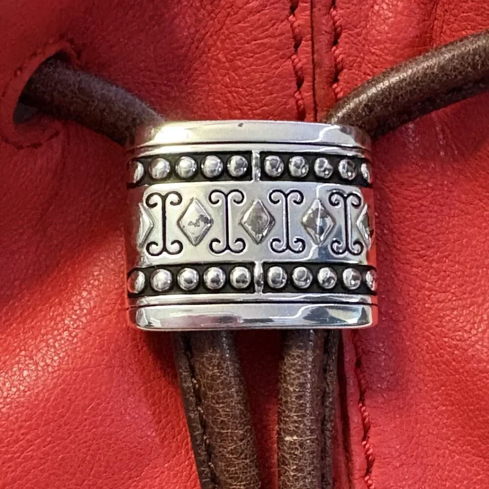 Brighton Orange Red Leather Drawstring Bucket Bag Purse with Fringe - Picture 2 of 13